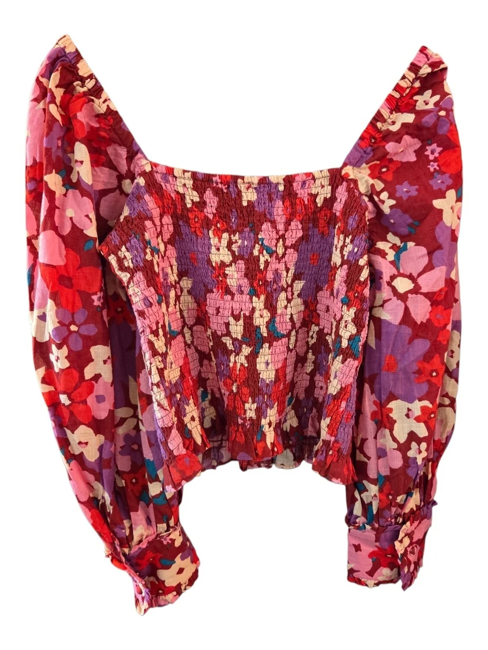 Free People Ariana Smocked Floral Puff Sleeve Crop Top Blouse Party Combo -Sz M